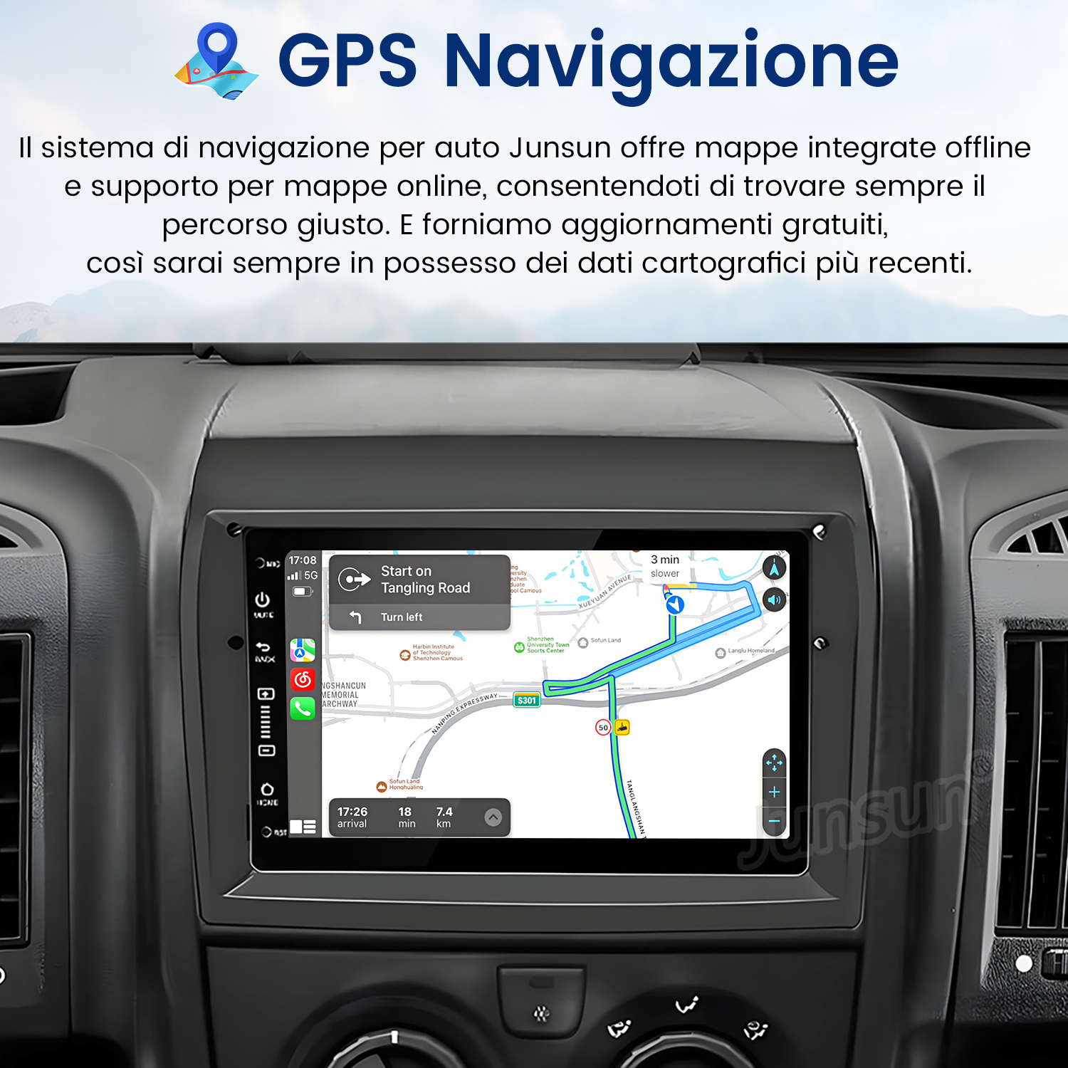 Sistema di navigazione per auto mostra mappa con guida percorso, orario arrivo e distanza.