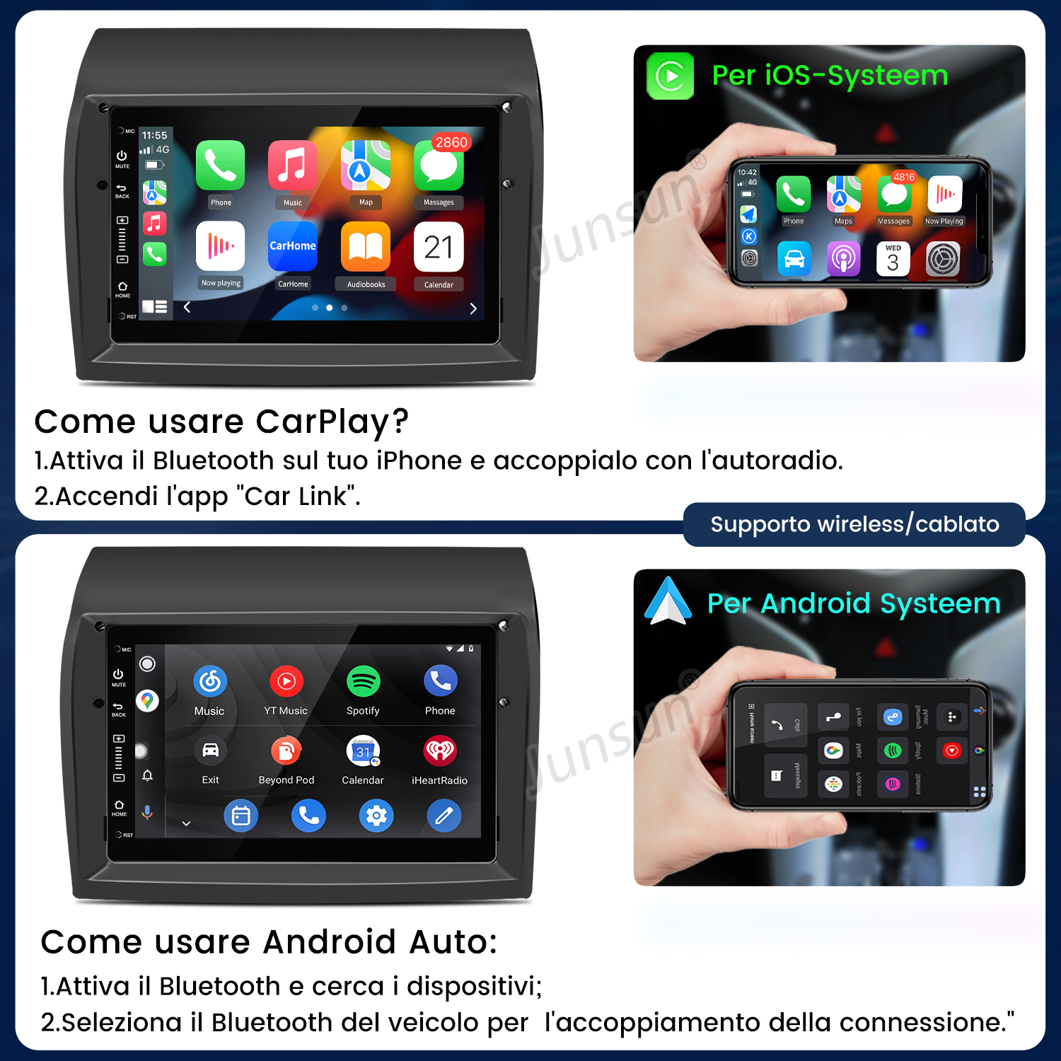 Due autoradio: una con app CarPlay, l'altra con app Android Auto.