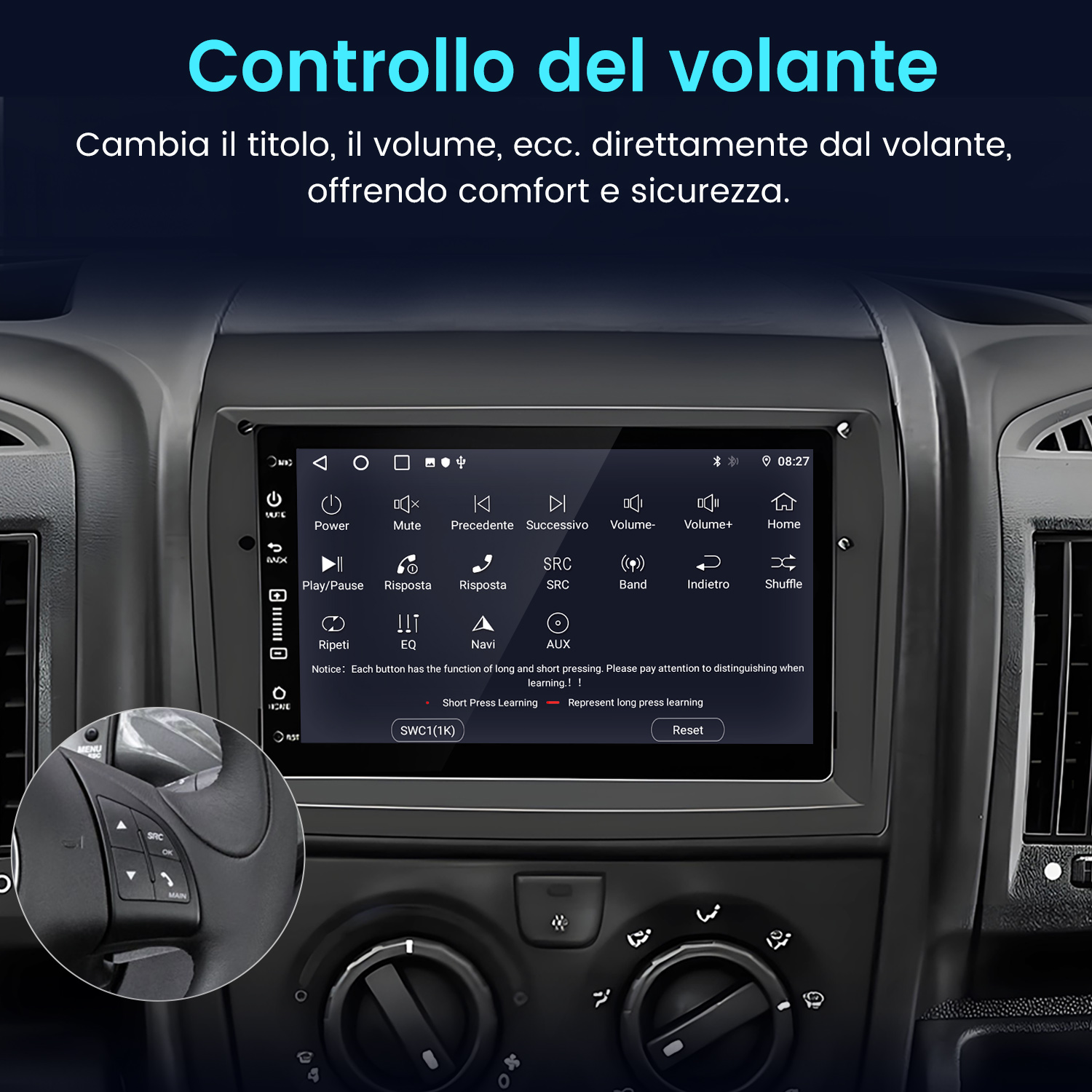 Un touchscreen per autoradio con comandi al volante e vari pulsanti funzione.
