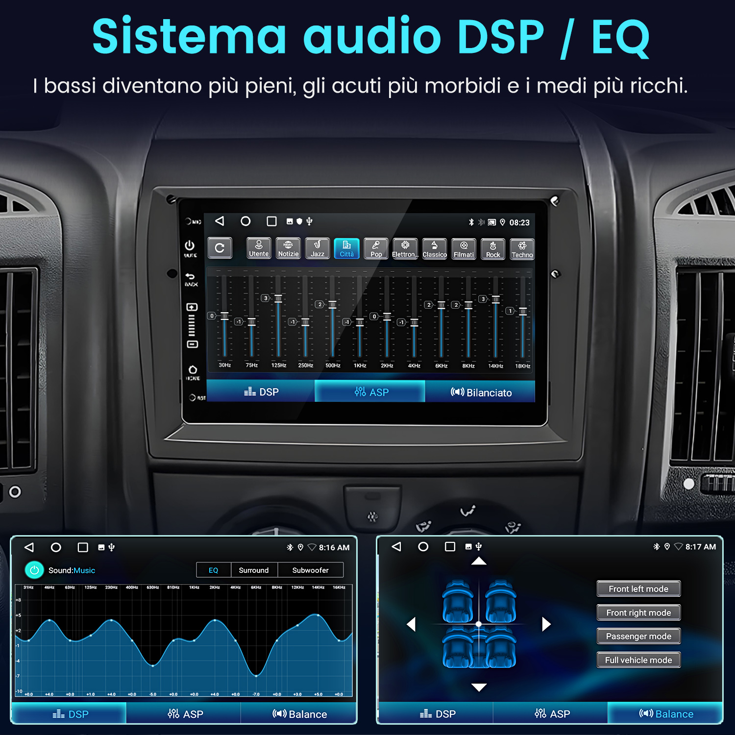 Sistema di infotainment per auto che mostra le impostazioni EQ e DSP per la musica.