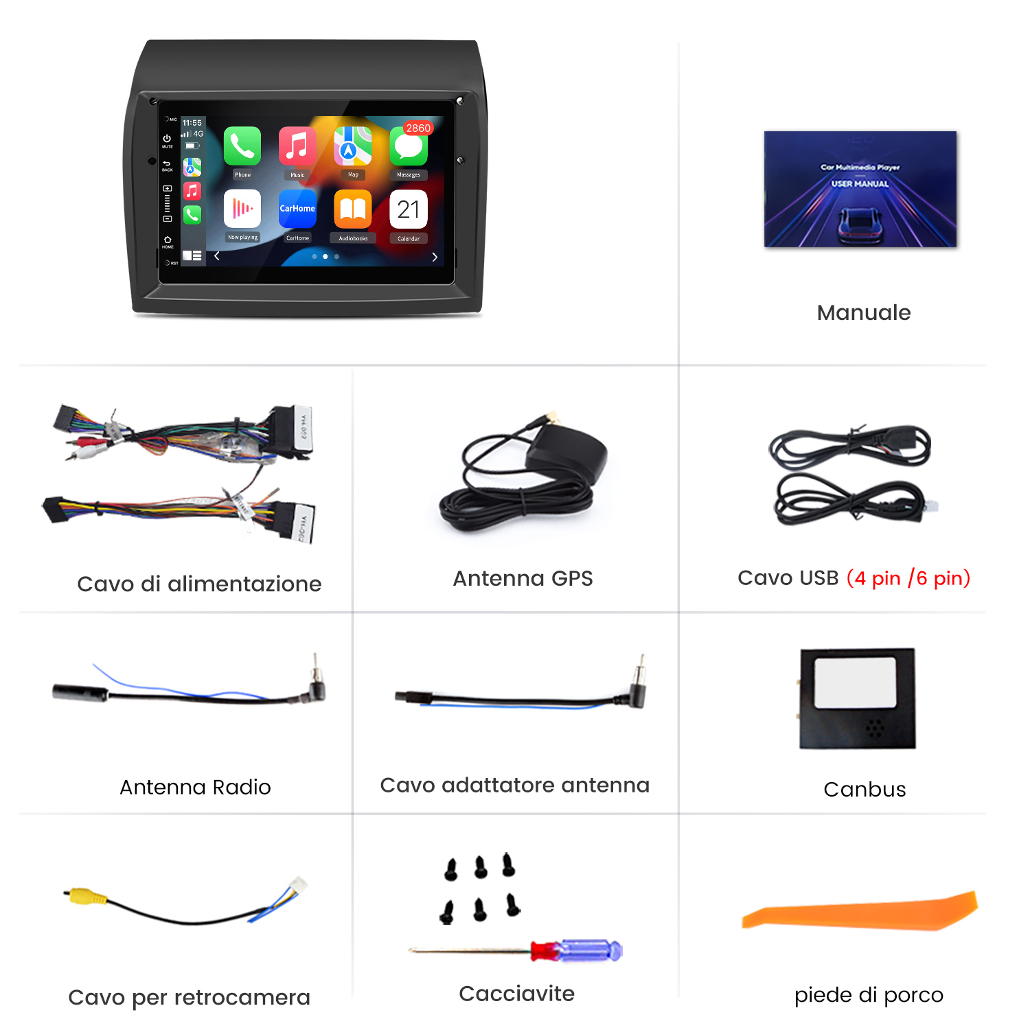 Display autoradio con app, accessori accanto: manuale, cavi, antenne, Canbus, attrezzi.