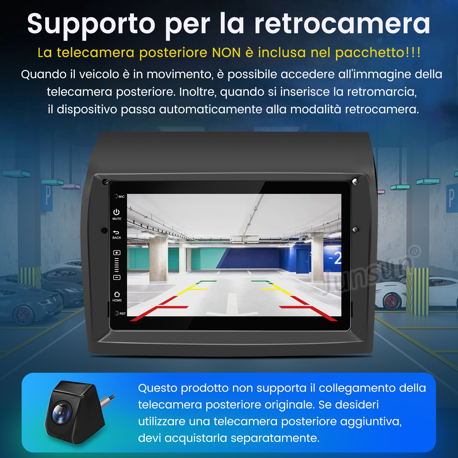 Display auto mostra vista parcheggio con linee. Telecamera sotto.