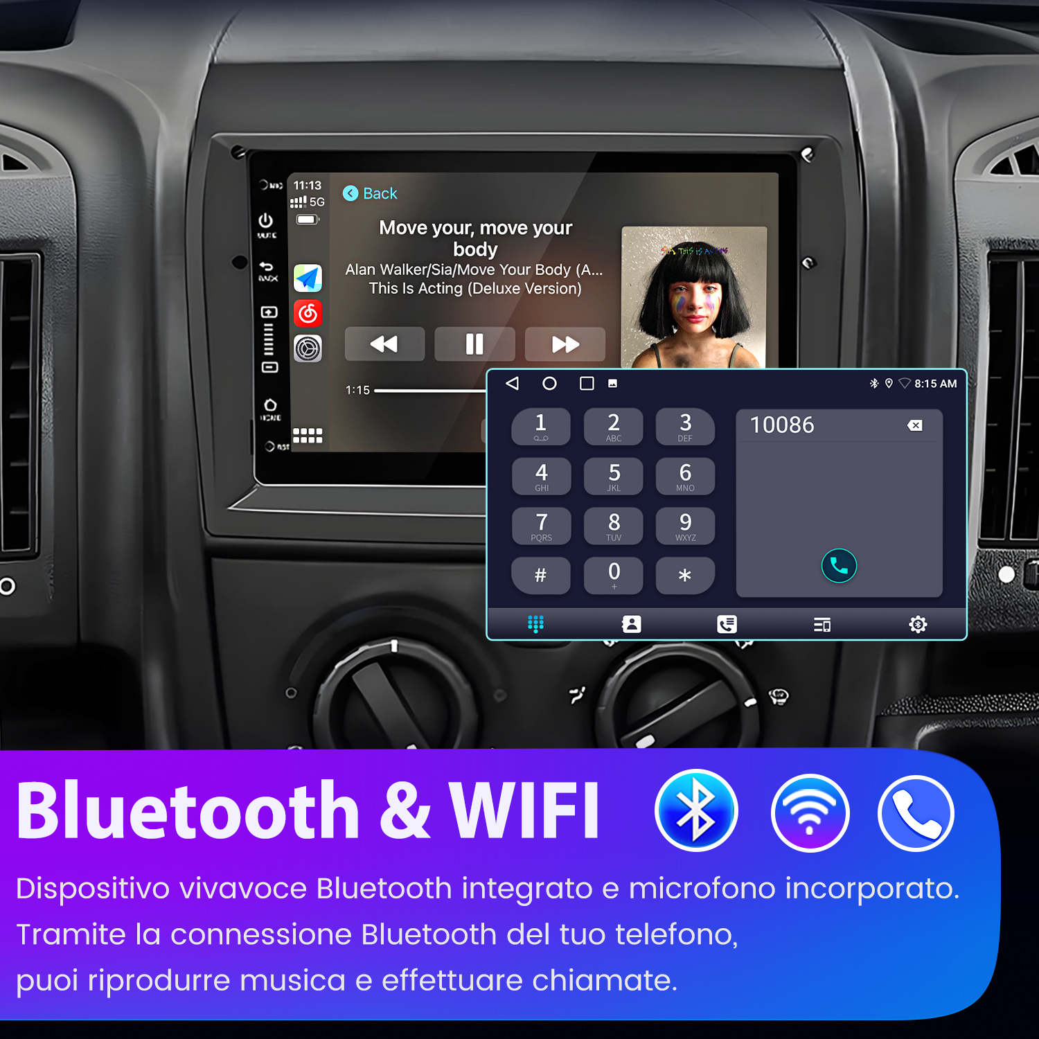 Autoradio touchscreen mostra riproduzione musicale, tastierino telefonico e icone Bluetooth/WIFI.