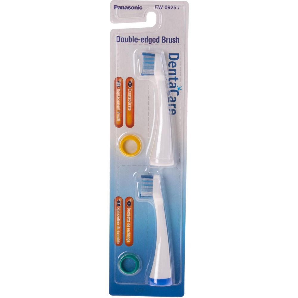 Zwei Panasonic DentaCare Zahnbürstenköpfe in einer Verpackung mit Anleitungen.