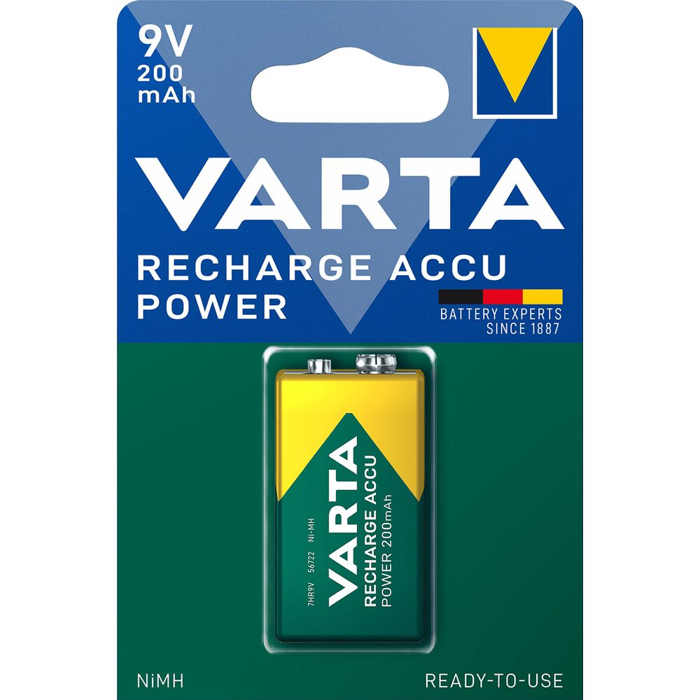 Varta 9V 200mAh NiMH battery in blister pack with yellow and green front.