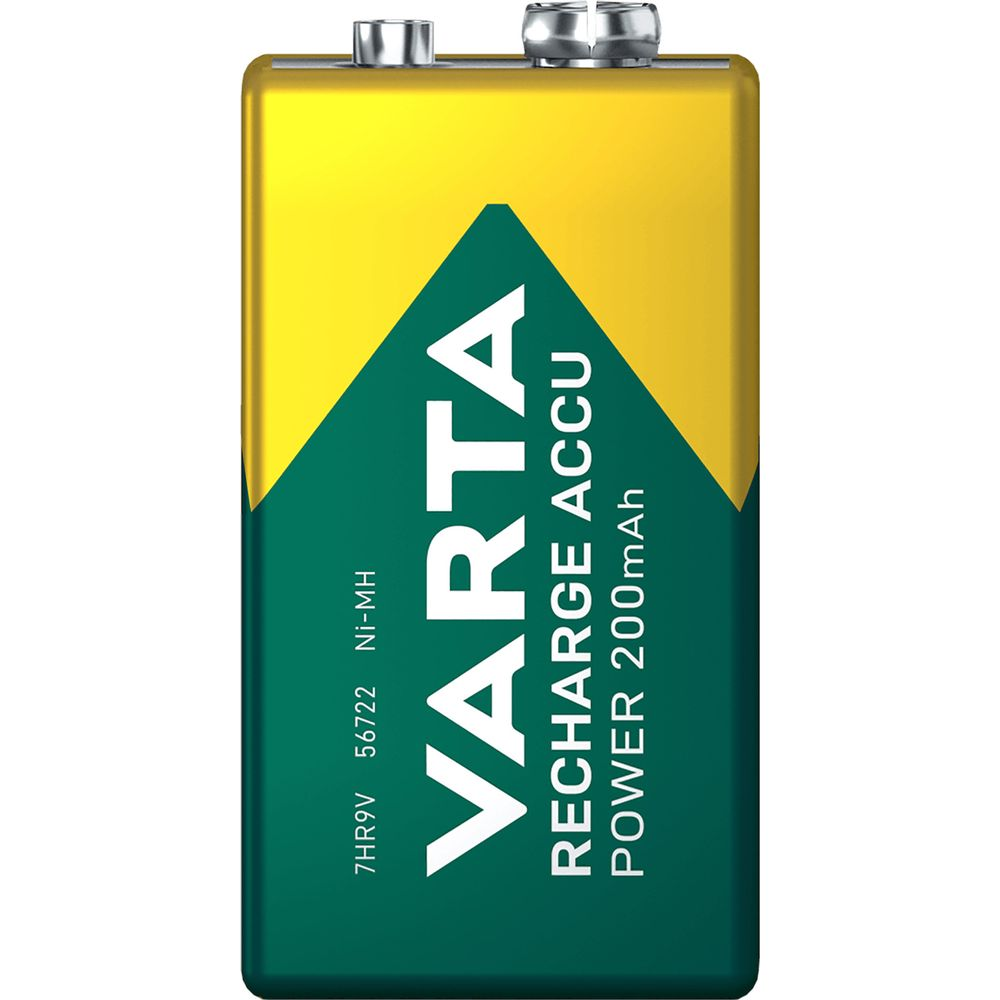 A Varta 9V rechargeable Ni-MH battery with green and yellow design.
