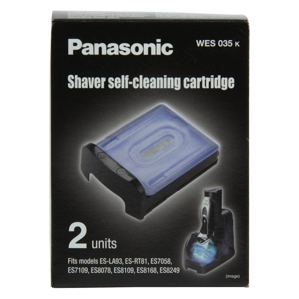 Cartouche autonettoyante Panasonic, 2 unités, avec rasoir dans son socle.