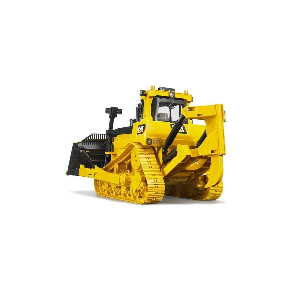 Żółty zabawkowy buldożer Caterpillar z czarnymi gąsienicami i lemieszem.