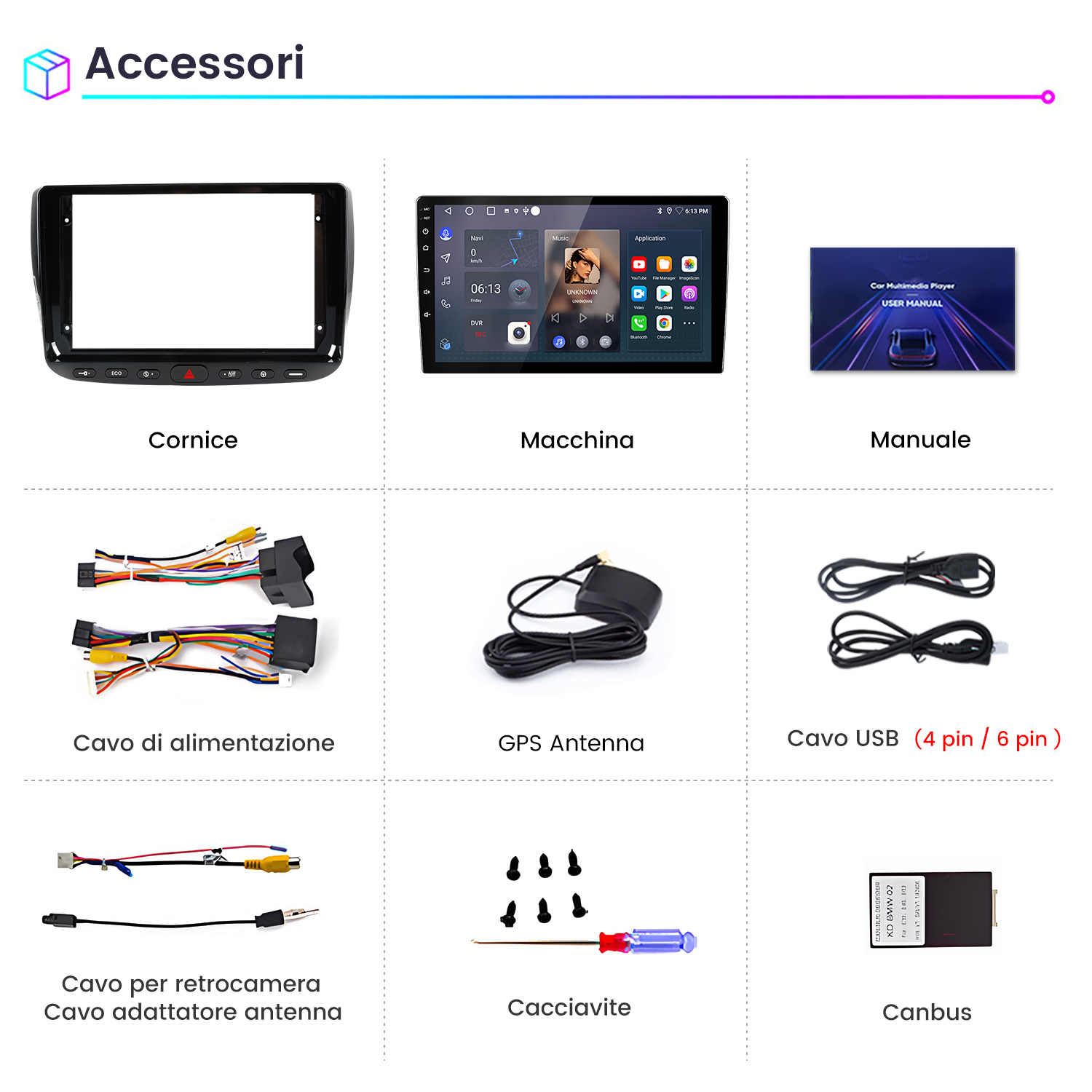 Akcesoria: Ramka, Odtwarzacz Samochodowy, Instrukcja, Kabel Zasilający, Antena GPS, Kabel USB, Kabel Kamery, Śrubokręt, Canbus.