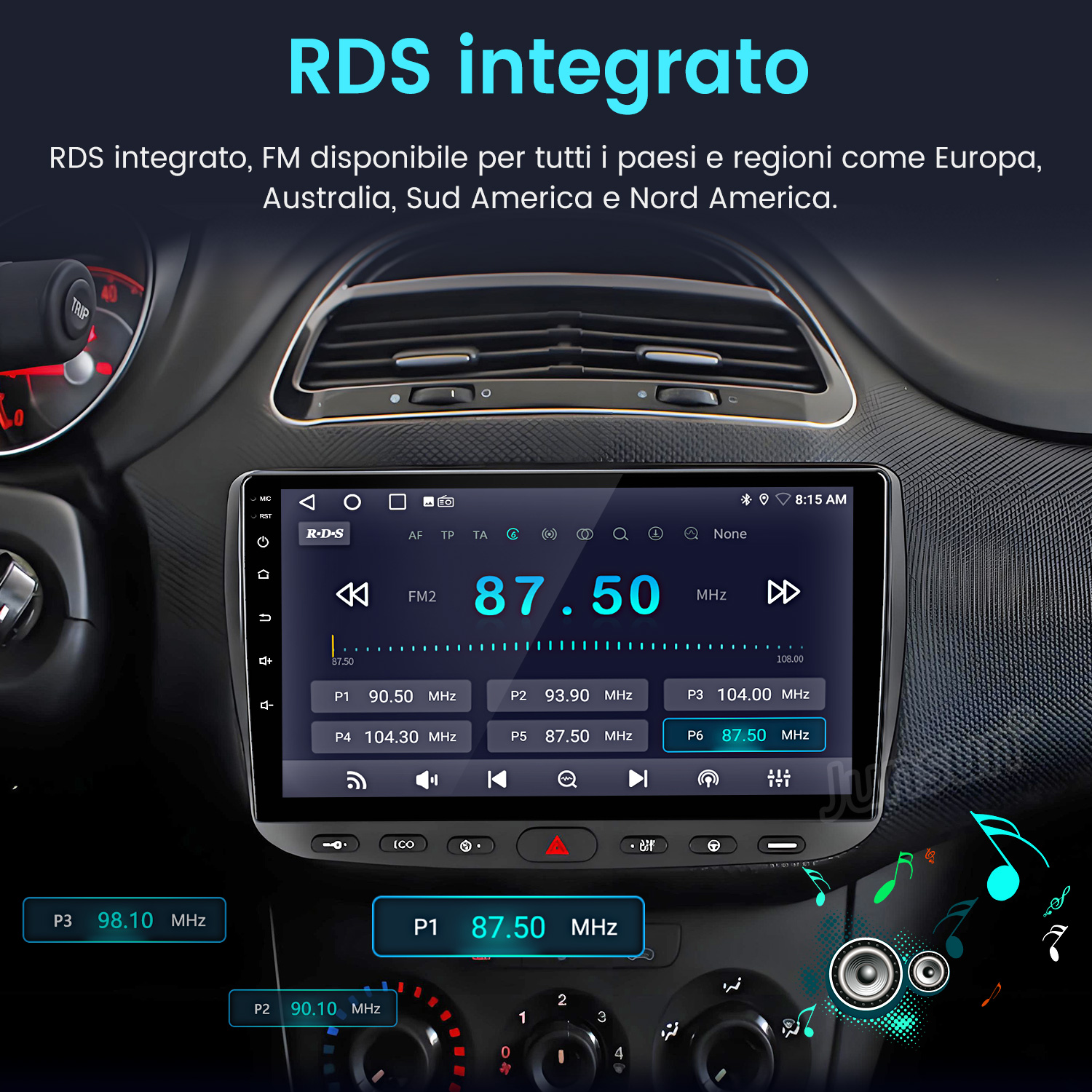 Deska rozdzielcza samochodu z radiem RDS na 87.50 MHz.