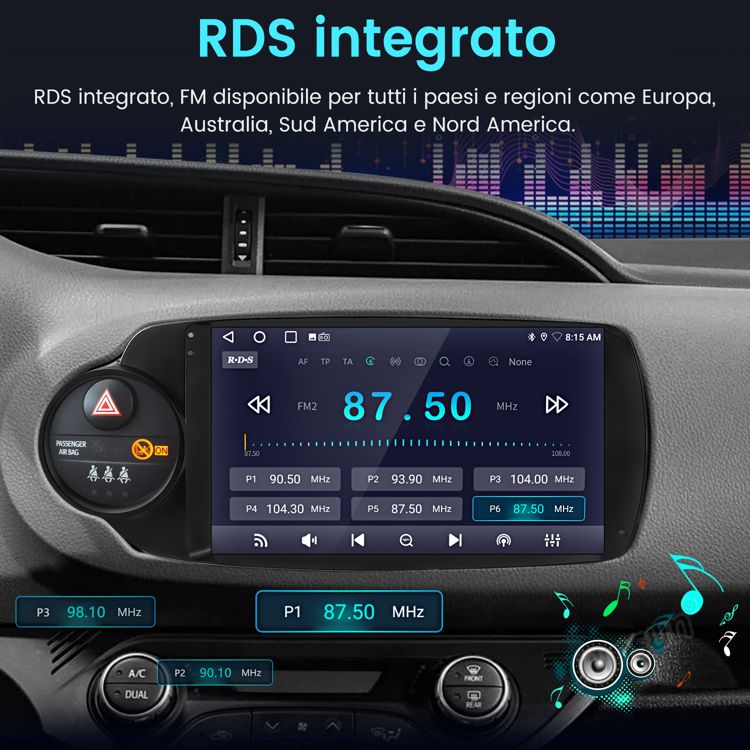 Un display dell'autoradio mostra FM2 a 87,50 MHz con stazioni preimpostate.