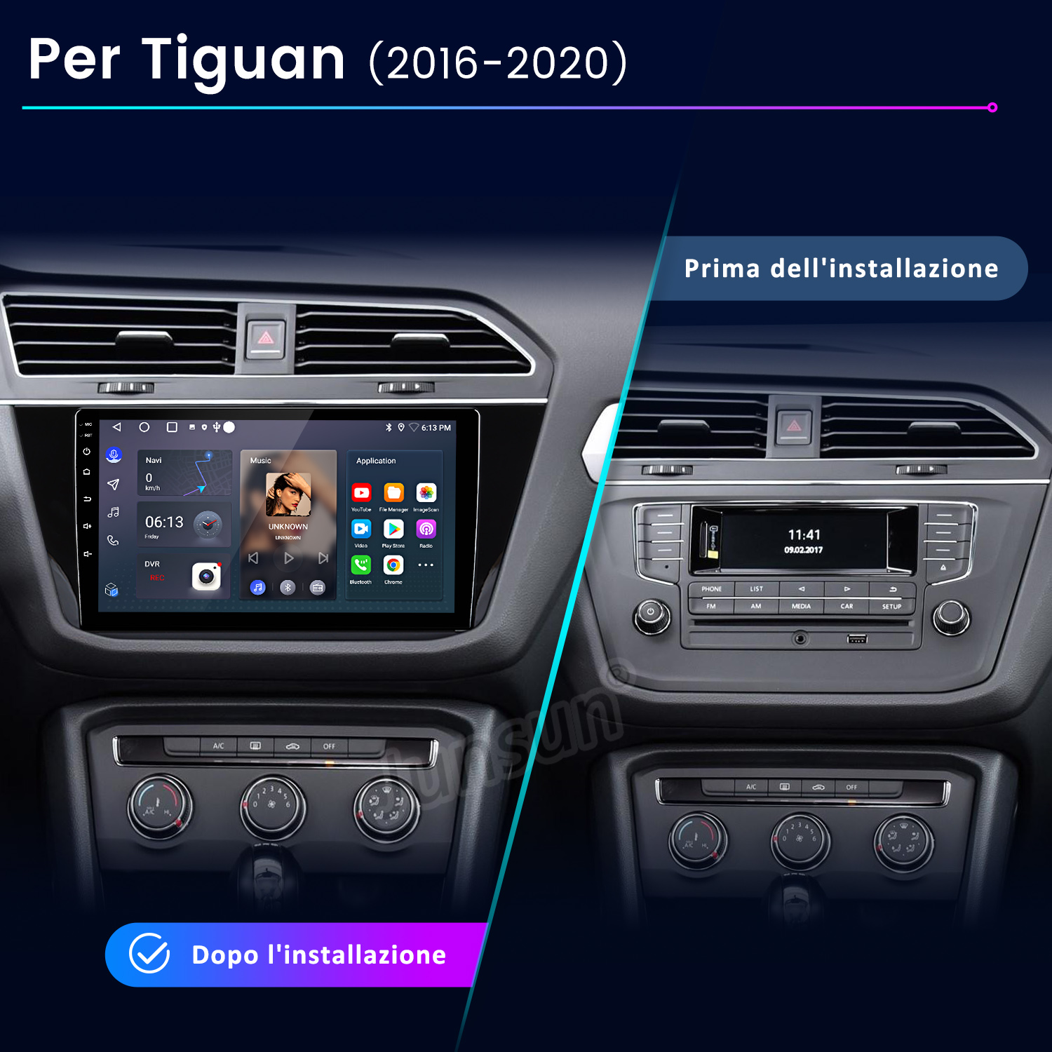 Confronto sistema infotainment Tiguan prima e dopo installazione.