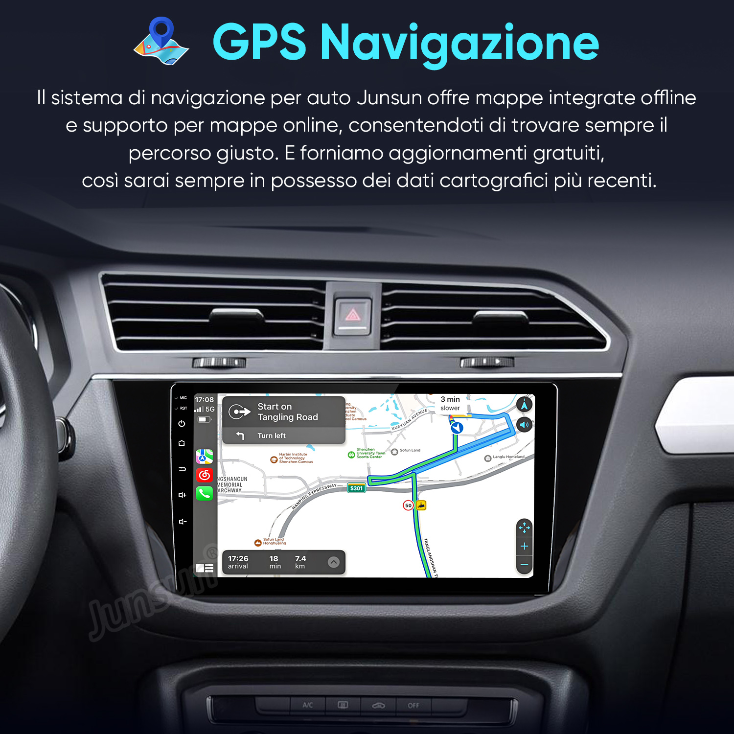 Cruscotto auto con schermo di navigazione GPS che mostra un percorso.