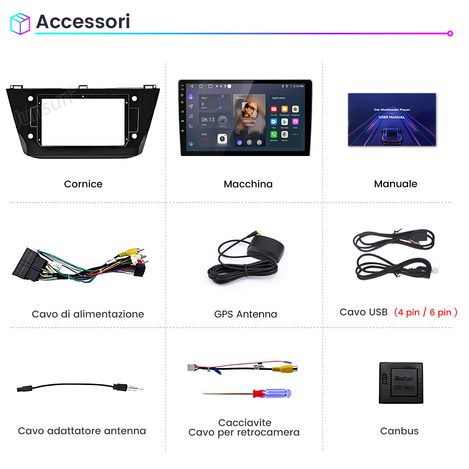 Accessori: Cornice, Autoradio, Manuale, Cavo Alimentazione, Antenna GPS, Cavo USB, Adattatore Antenna, Cacciavite, Canbus.