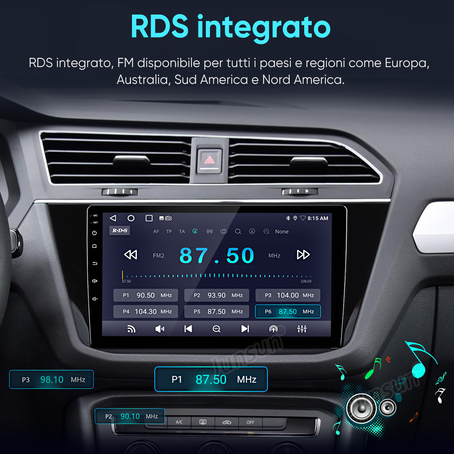 Display autoradio mostra FM2 87.50 MHz e preselezione stazioni.