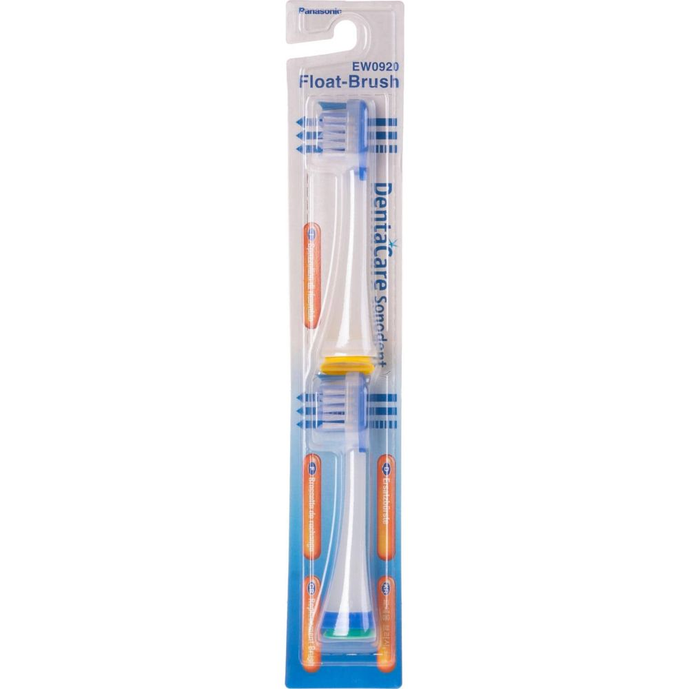 Verpackte elektrische Zahnbürstenköpfe mit blauen Borsten und Panasonic-Logo.