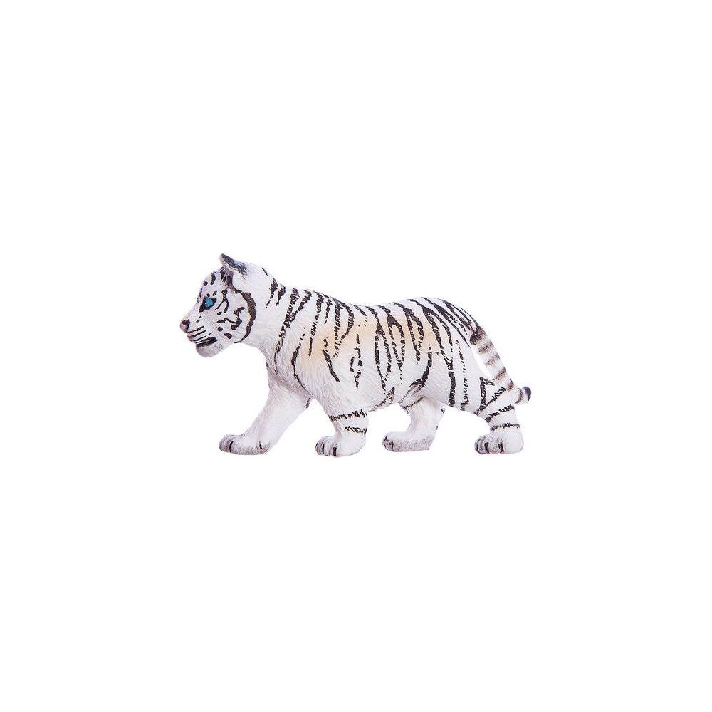 Une figurine de tigre blanc aux rayures noires et aux yeux bleus.