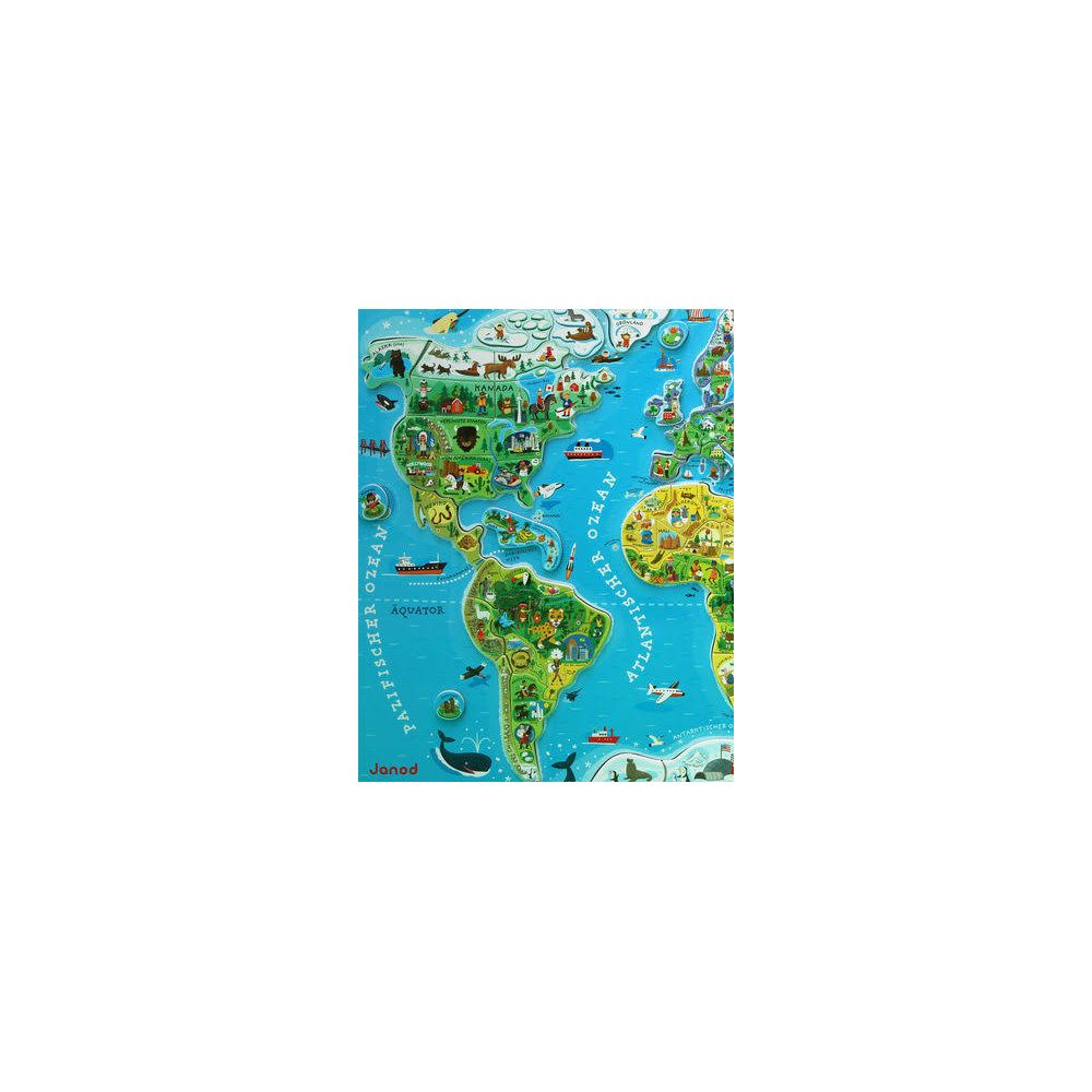 Une carte du monde avec des animaux, des navires et des avions sur un océan bleu.
