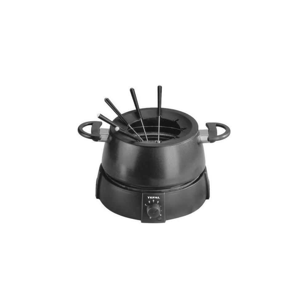 Czarny zestaw do fondue z uchwytami i widelcami na białym tle.