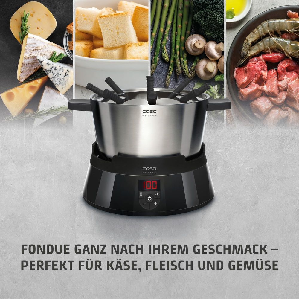 Set per fonduta con formaggio, pane, verdure e carne.