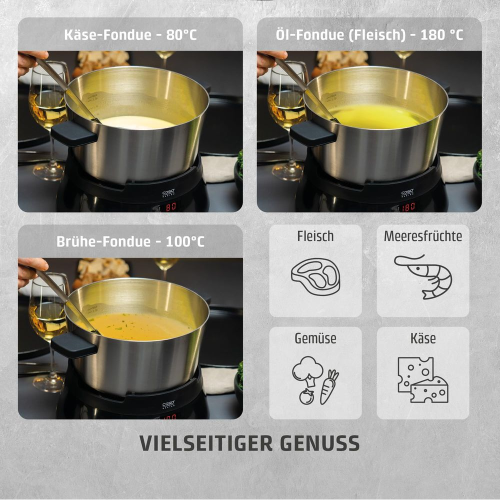 Tre tipi di fondue: formaggio, olio e brodo. Icone per carne, frutti di mare, verdure, formaggio.