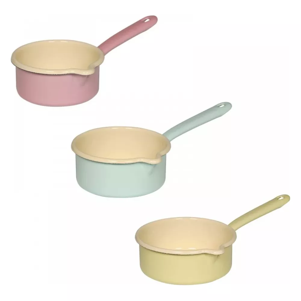 Trois petites casseroles émaillées avec poignées : rose, bleu clair et jaune, intérieur crème.