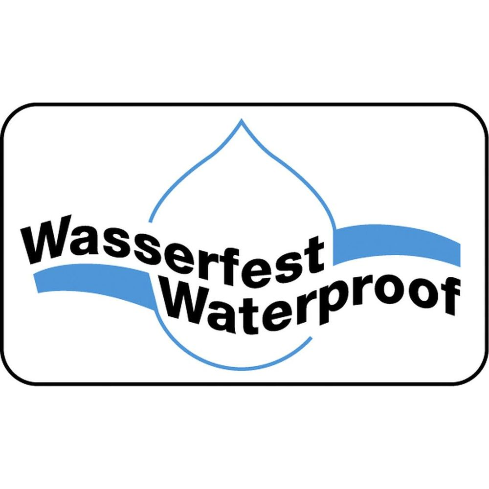 Logo mit Wassertropfen und Text Wasserfest Waterproof.