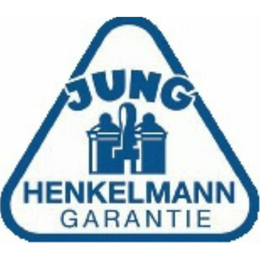 Logo blu a triangolo con testo JUNG, HENKELMANN, GARANTIE e due silhouette.