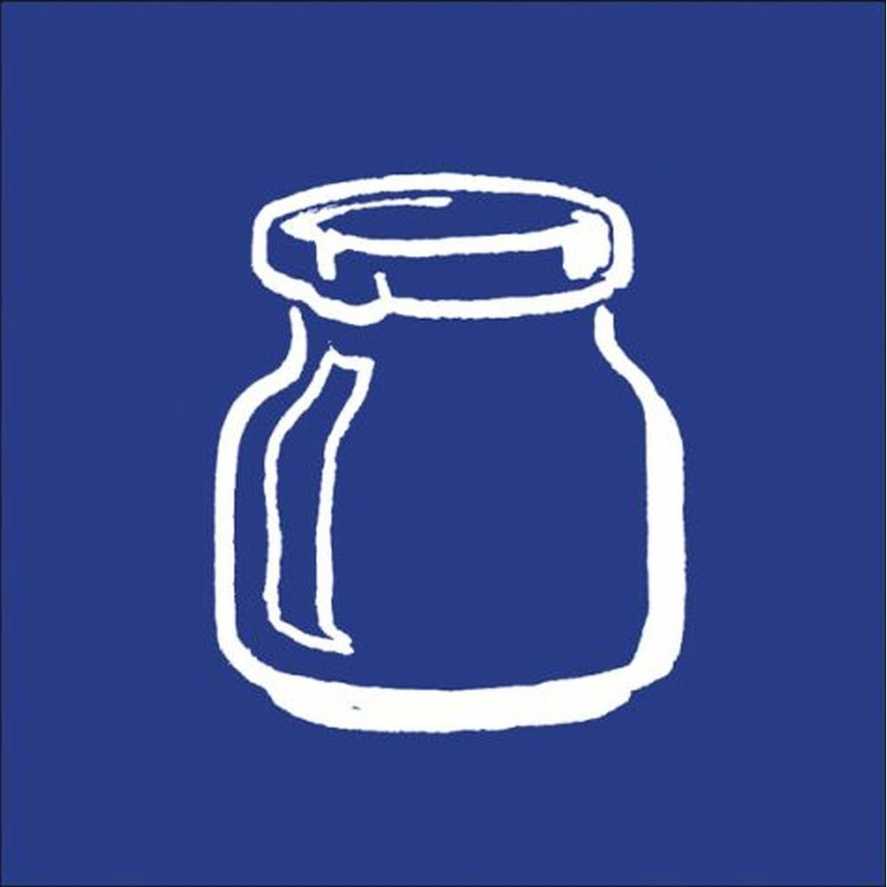 Eine weiße Umrisszeichnung eines Glases mit Deckel auf blauem Hintergrund.