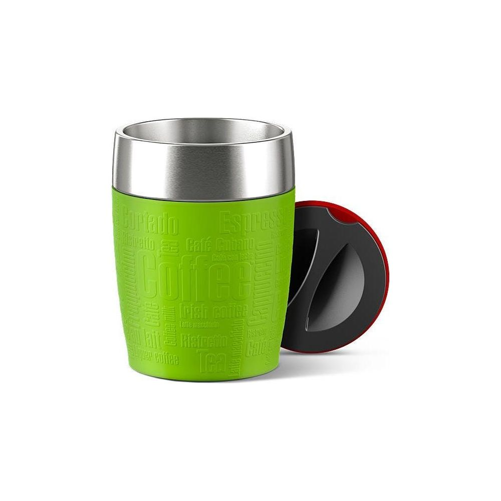 Grüner Kaffeebecher mit silbernem Deckel und rotem Lidschatten.