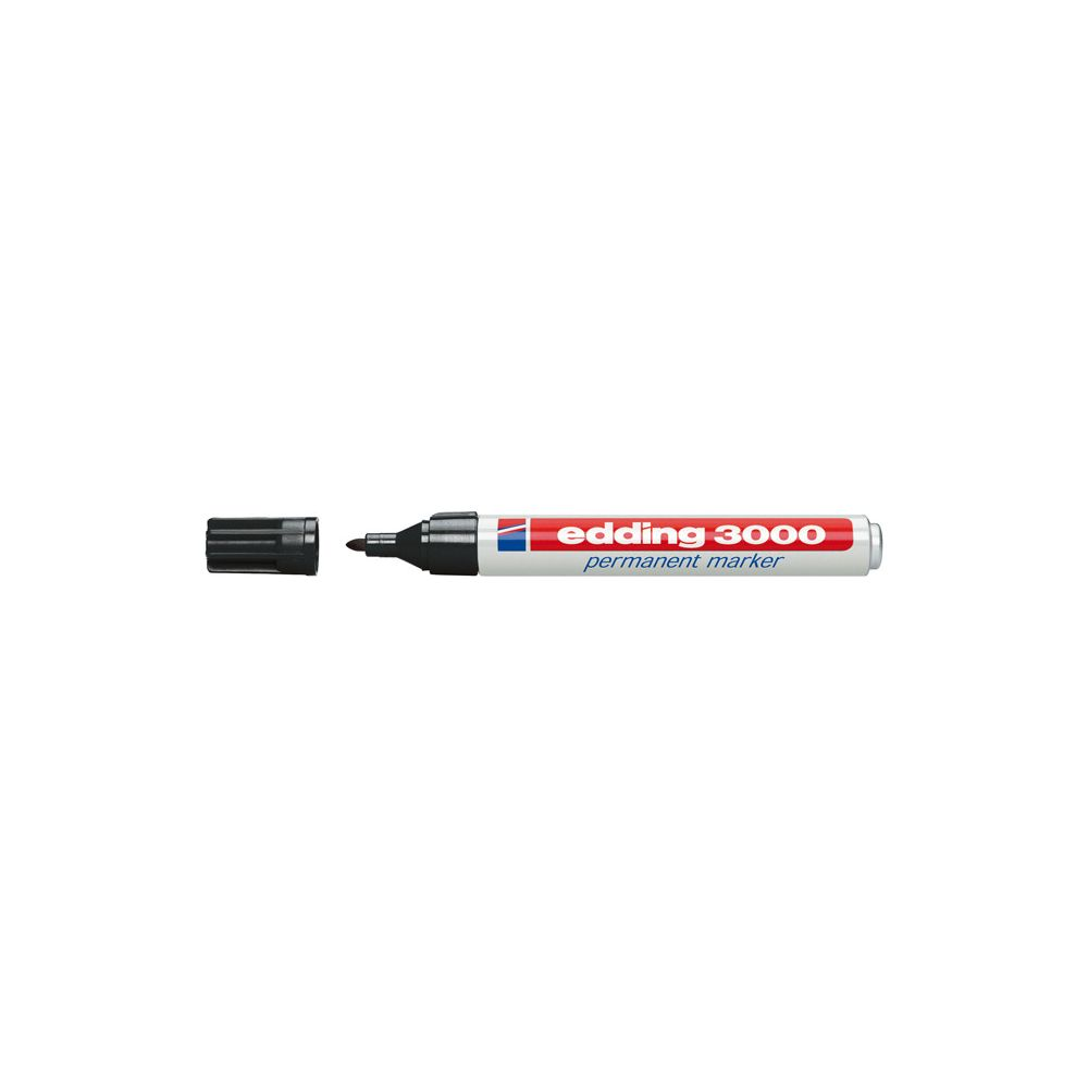Ein Edding 3000 Permanentmarker mit schwarzer Kappe neben dem Stift.