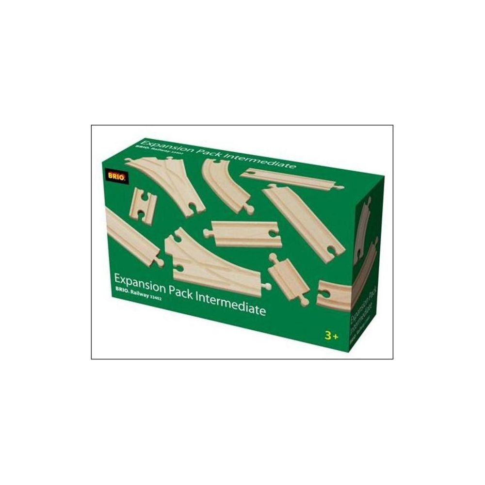 Ein BRIO Erweiterungspaket mit Holzeisenbahnschienen auf grüner Verpackung.