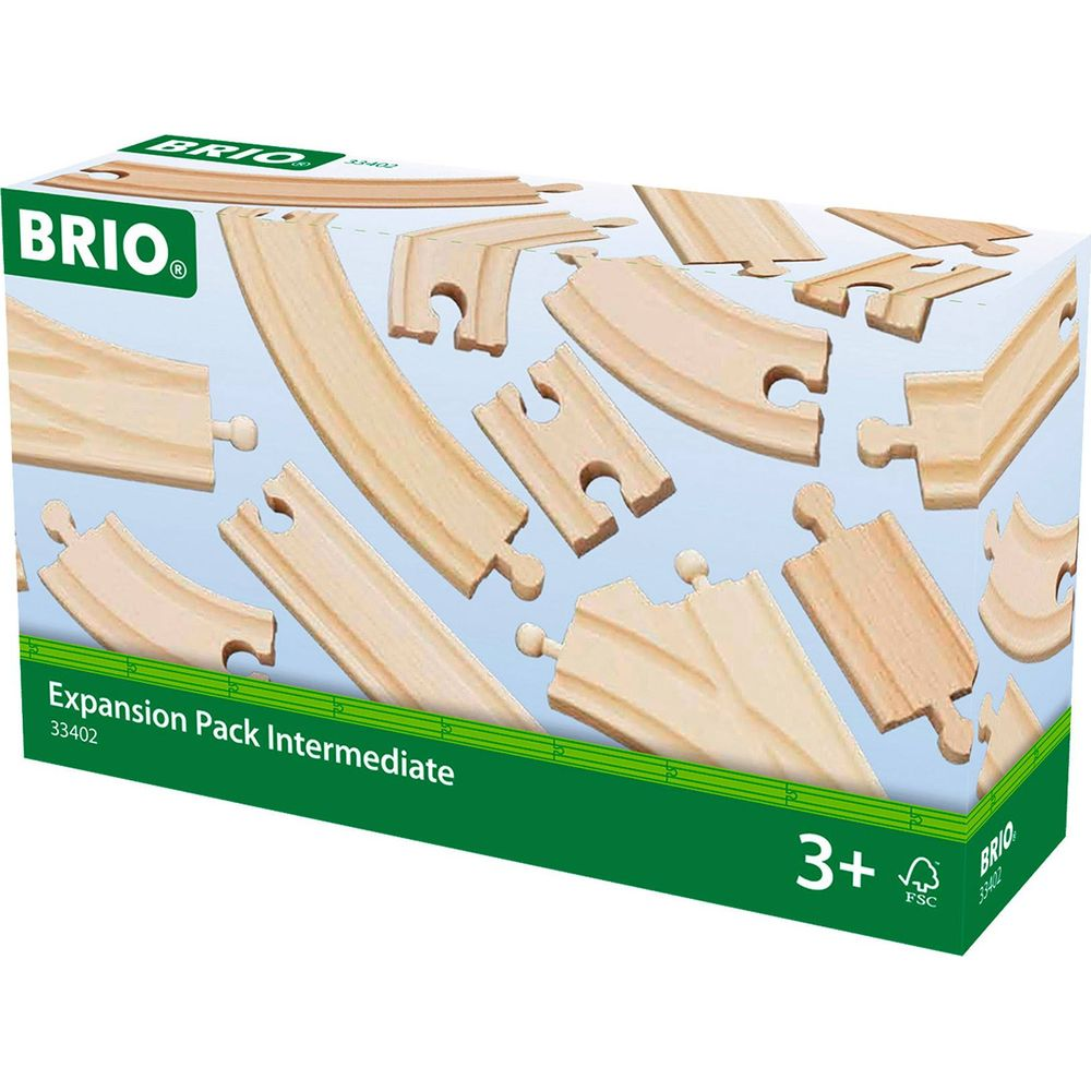 Holzeisenbahnschienen auf einer BRIO-Verpackung für ein Erweiterungspack.