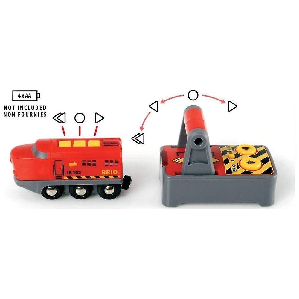 Rote BRIO-Lok mit Fernbedienung, benötigt 4xAA Batterien (nicht enthalten).