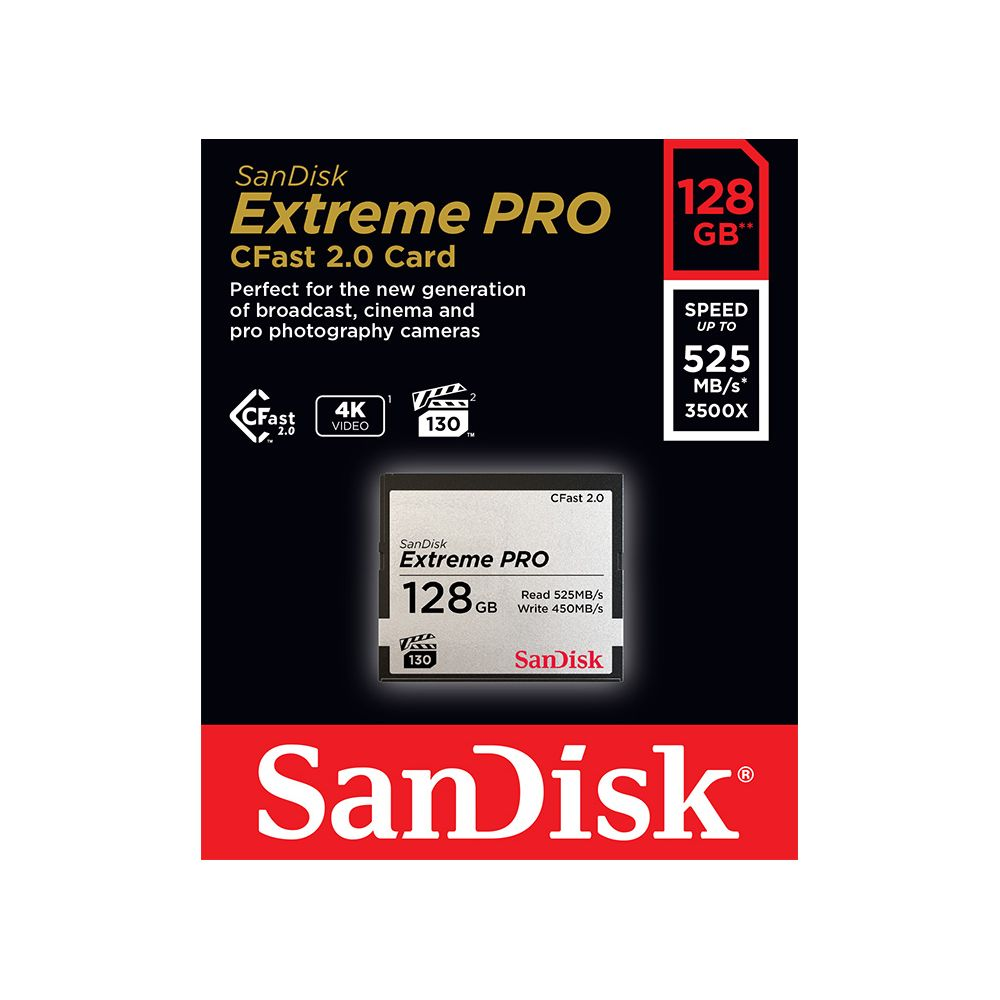 Scheda SanDisk Extreme PRO CFast 2.0, 128 GB, 525 MB/s lettura, 450 MB/s scrittura.