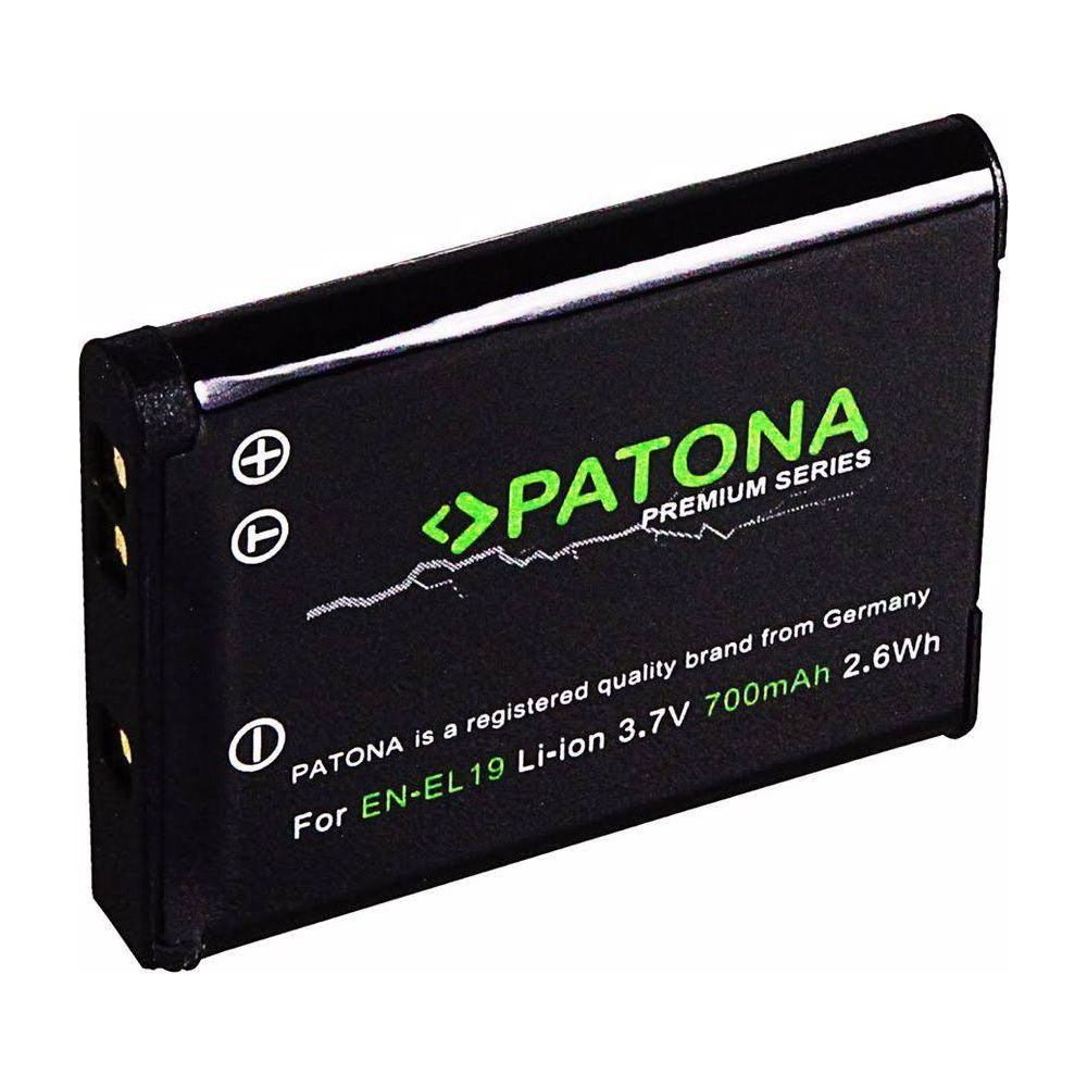 Batterie noire avec logo "PATONA" vert et spécifications techniques.