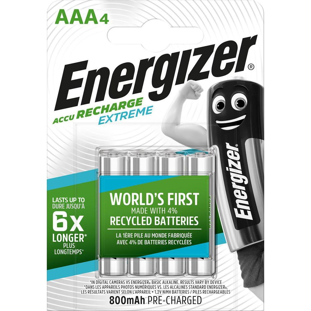 Baterie AAA Energizer, 4% z recyklingu, 800mAh, wstępnie naładowane.