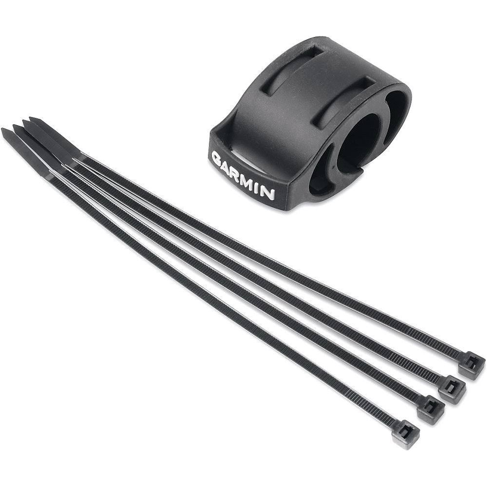 Schwarze Garmin-Halterung und vier schwarze Kabelbinder auf weißem Hintergrund.