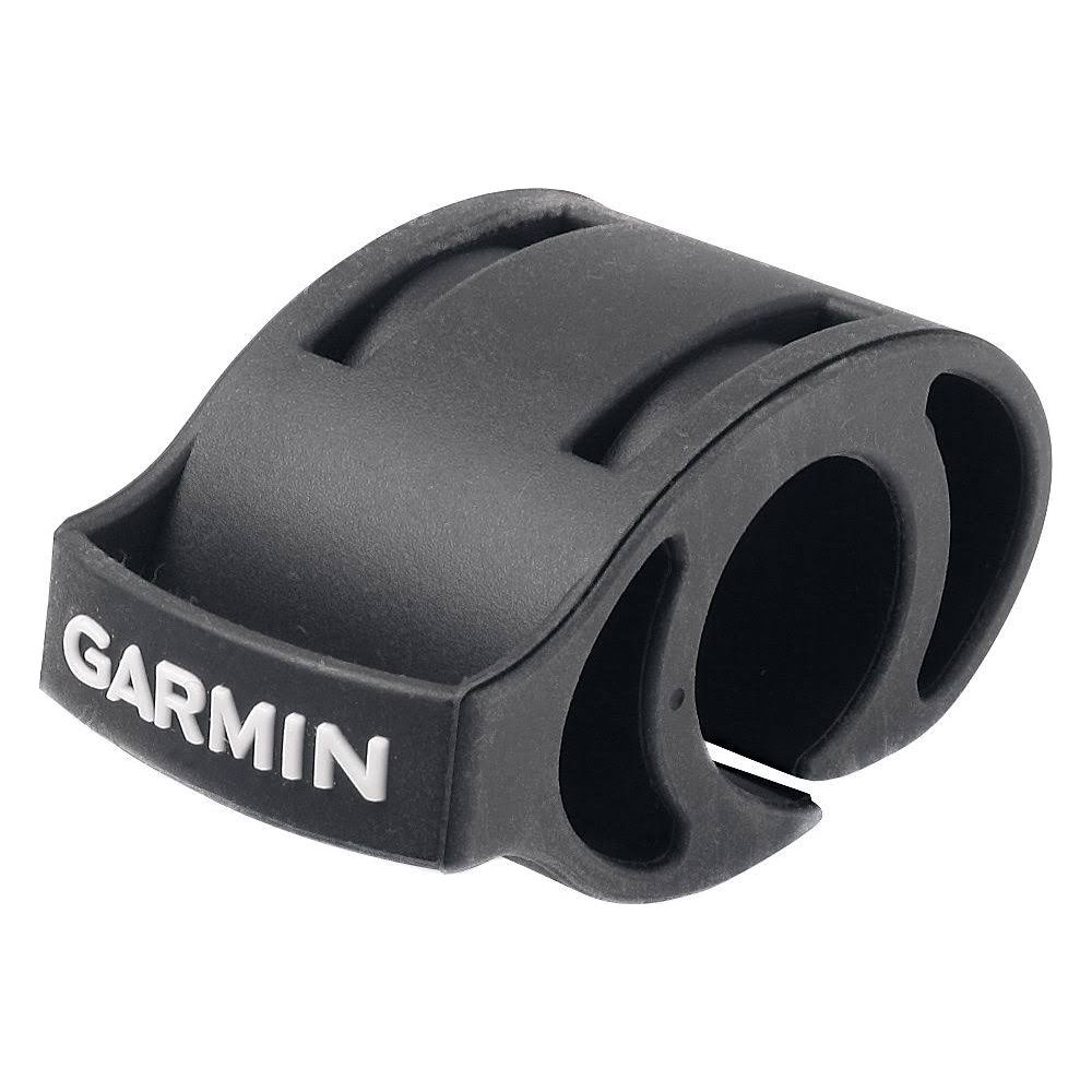 Schwarzer Garmin-Fahrradhalter mit silbernem Logo.