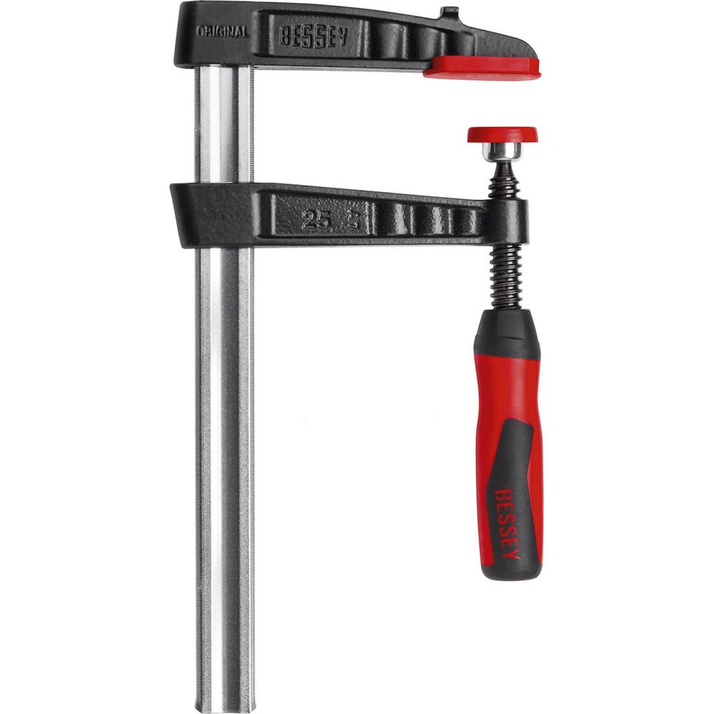 Ein schwarzer Bessey-Schuh mit rotem Griff und silberner Stange.