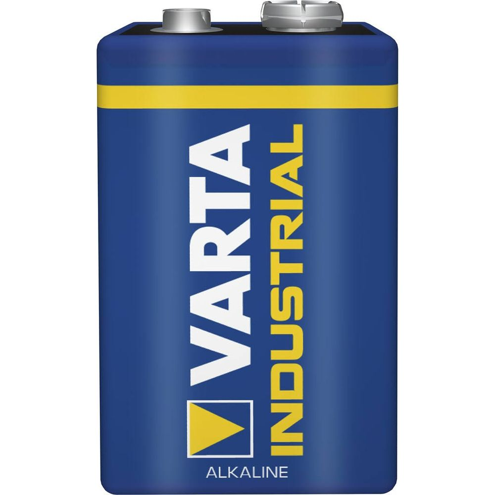 Una batteria blu Varta Industrial 9V con accenti gialli e terminali.