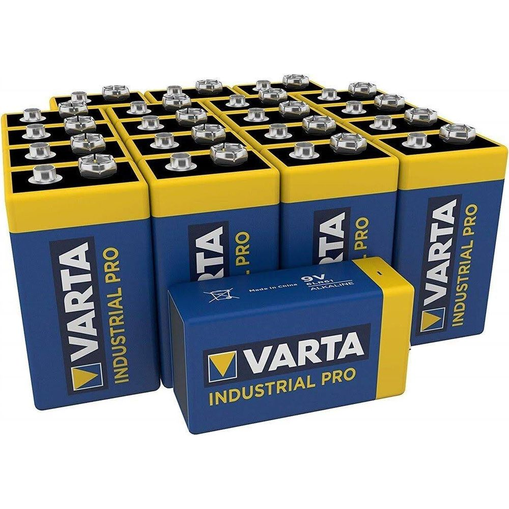 Molte batterie Varta da 9V con cime gialle e lati blu.