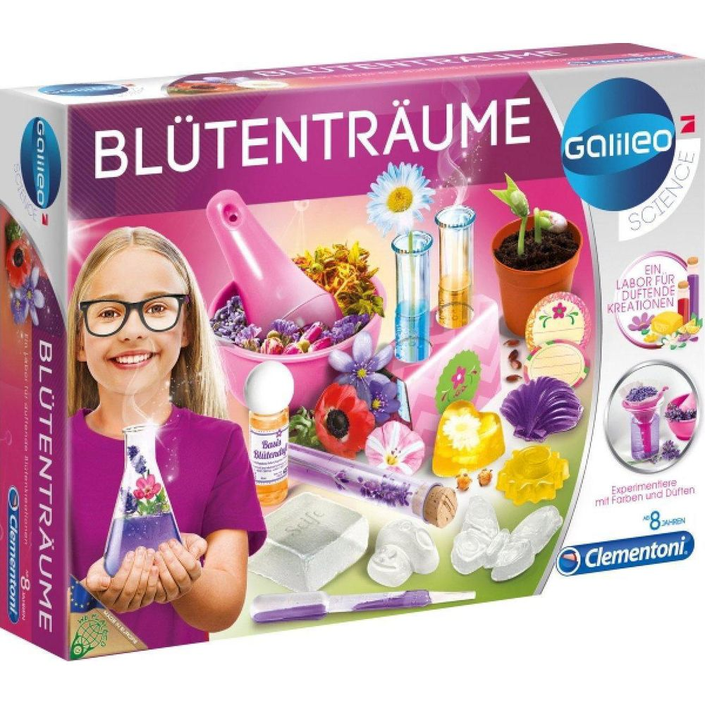 Ein Mädchen hält ein Becherglas mit Lavendel und Blüten. Das Set ist für Duftkreationen.