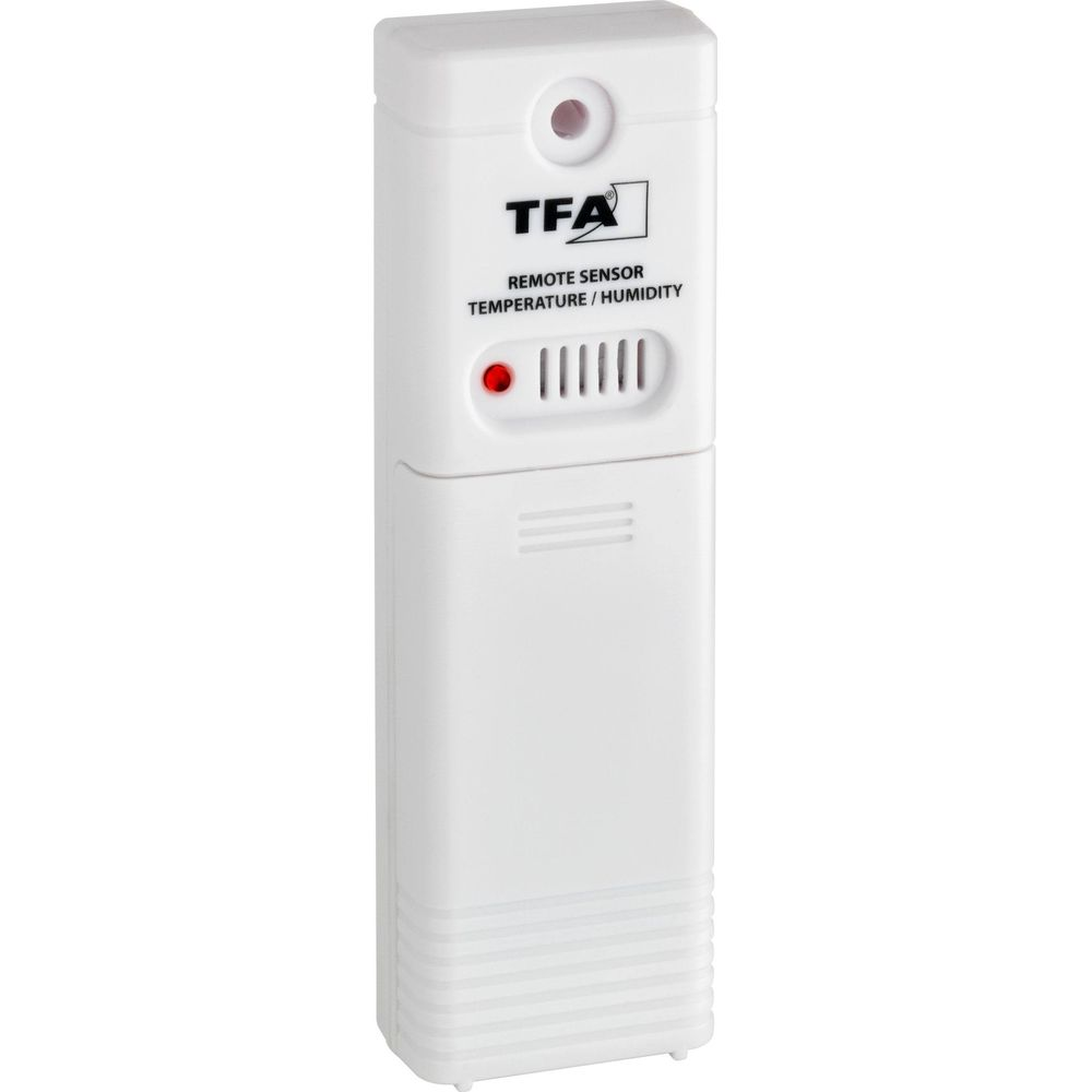 Weißer TFA Fernsensor für Temperatur/Luftfeuchtigkeit mit roter LED.
