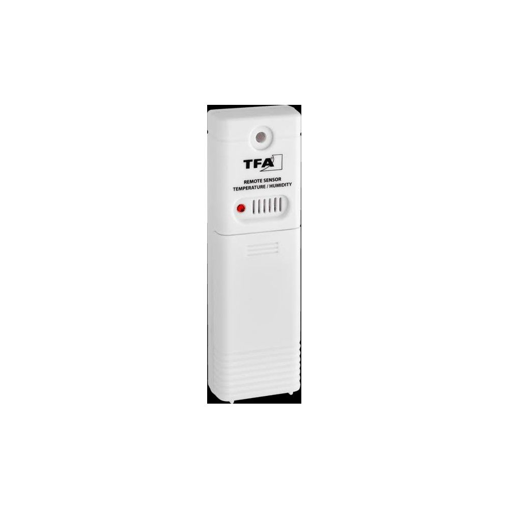 Ein weißer TFA Fernsensor für Temperatur und Luftfeuchtigkeit.