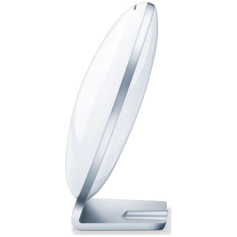 Ovaler weißer Lichttherapie-Apparat mit silbernem Ständer, auf weißem Hintergrund.