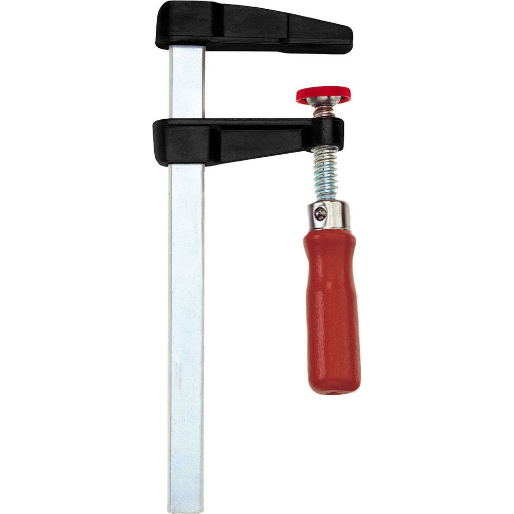 Ein verstellbarer Schraubzwinge mit Metallrahmen und rotem Griff.