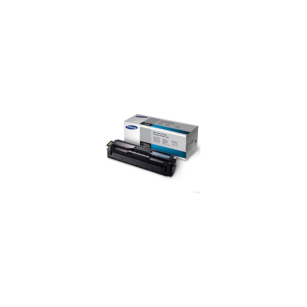 Una cartuccia toner Samsung C504 nera giace accanto alla sua scatola.