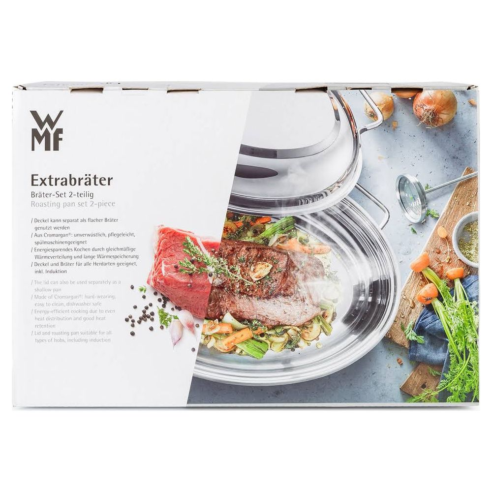 Emballage d'un set de rôtissoire avec viande crue et plat cuisiné.