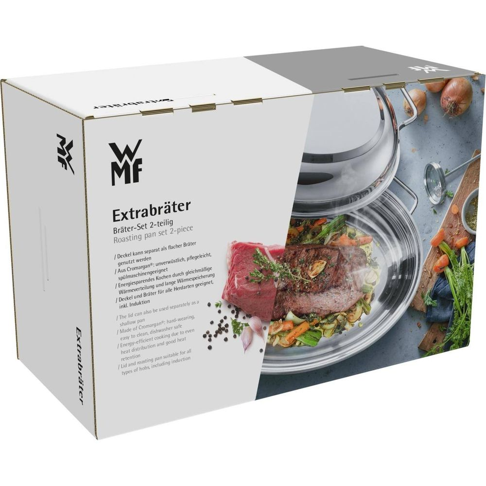 Emballage d'un ensemble de rôtissoire 2 pièces avec rôti, légumes et épices.